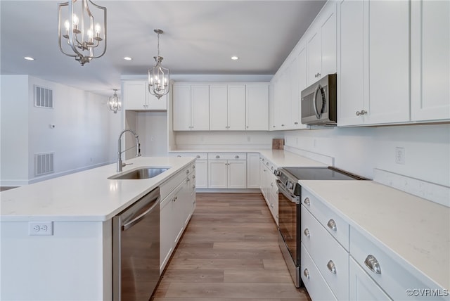 kitchen featuring a kitchen island with sink, stainless steel appliances, a sink, visible vents, and white cabinets