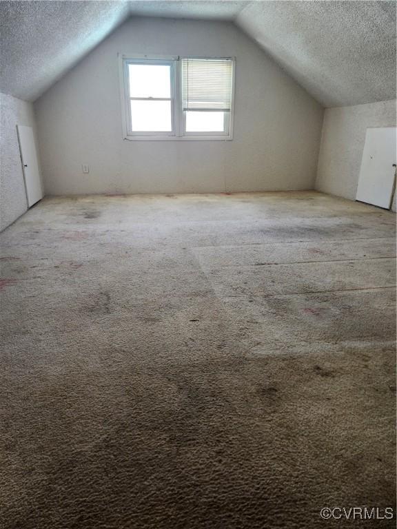 bonus room featuring light carpet, a textured ceiling, and lofted ceiling