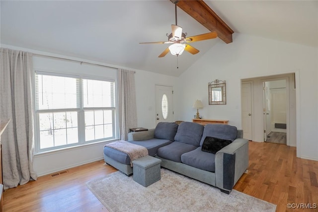 living room with light wood finished floors, visible vents, lofted ceiling with beams, and ceiling fan