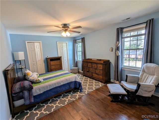 bedroom featuring multiple windows, two closets, wood finished floors, and a ceiling fan