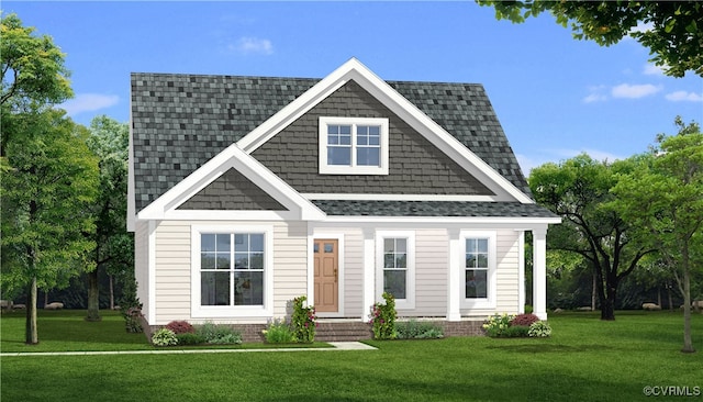 view of front facade featuring a shingled roof and a front lawn