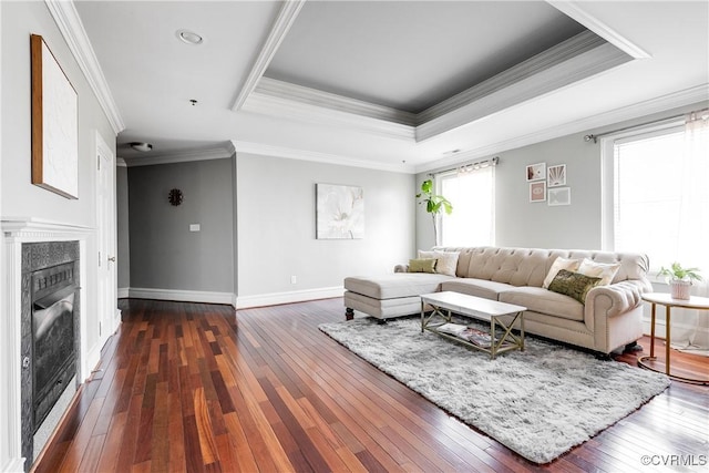 living area with baseboards, a raised ceiling, dark wood-style flooring, crown molding, and a fireplace