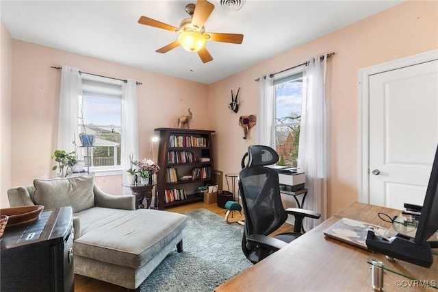 office area with visible vents and ceiling fan