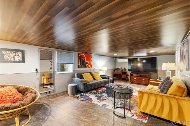 living area featuring wooden ceiling and a wainscoted wall