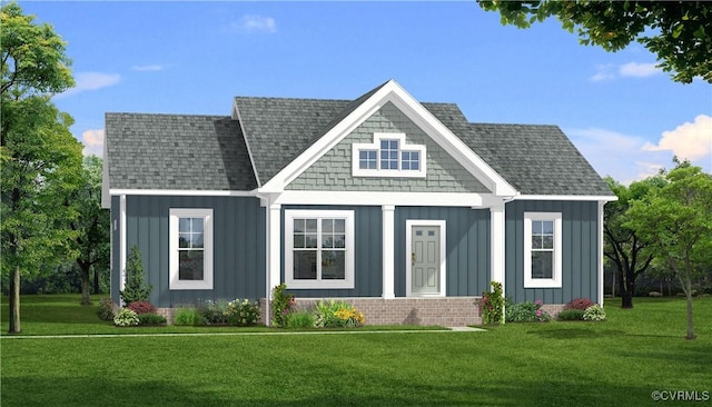 exterior space with roof with shingles, board and batten siding, and a front yard