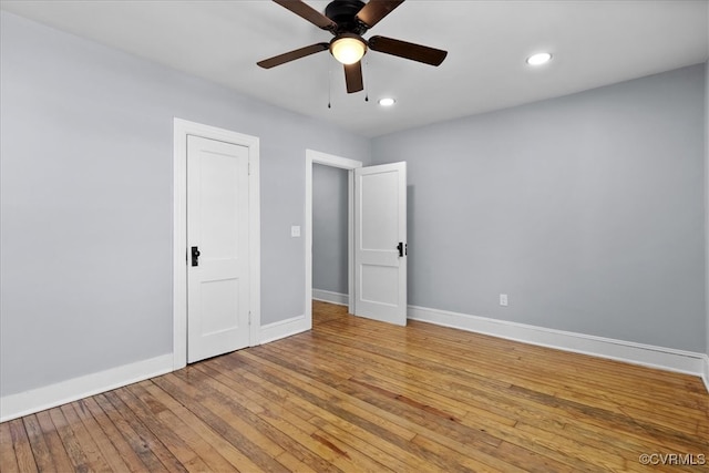 unfurnished bedroom with recessed lighting, baseboards, ceiling fan, and light wood finished floors