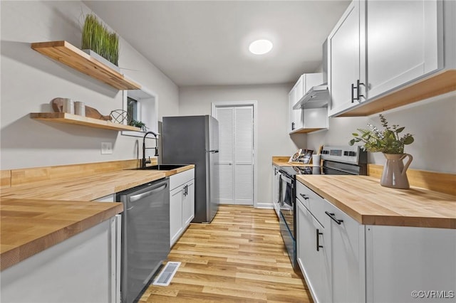 kitchen featuring open shelves, stainless steel appliances, butcher block counters, white cabinets, and a sink