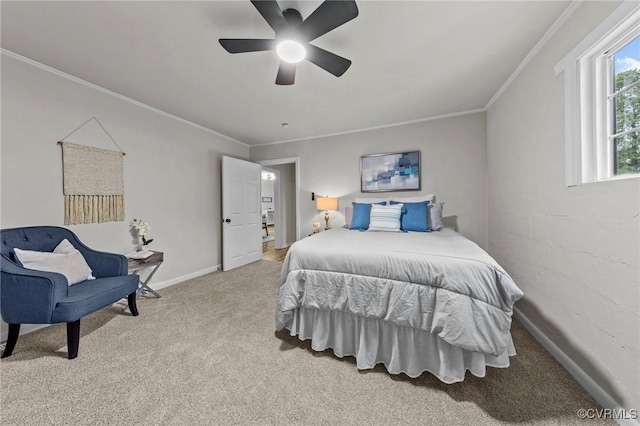 bedroom featuring baseboards, ornamental molding, a ceiling fan, and light colored carpet