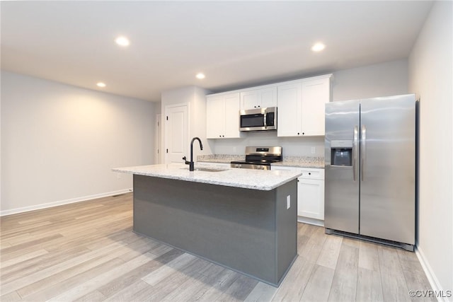 kitchen with stainless steel appliances, a sink, a center island with sink, and white cabinets