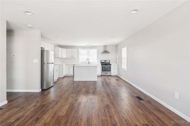 unfurnished living room featuring dark wood-style floors, visible vents, a sink, and baseboards