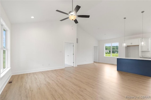 100 Bowsprit Ln, Wicomico Church, VA 22473 - unfurnished living room with light wood-style flooring, high vaulted ceiling, ceiling fan, and recessed lighting