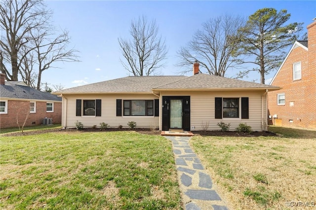 single story home featuring central AC, a shingled roof, a chimney, and a front yard