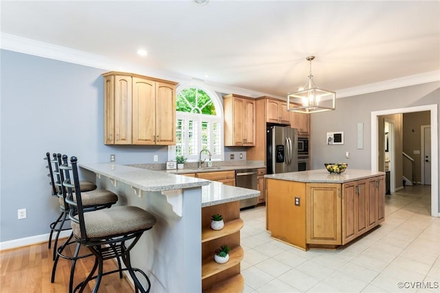 kitchen with decorative light fixtures, crown molding, open shelves, appliances with stainless steel finishes, and a peninsula