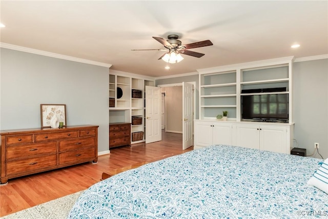 bedroom with ornamental molding, a ceiling fan, recessed lighting, and wood finished floors