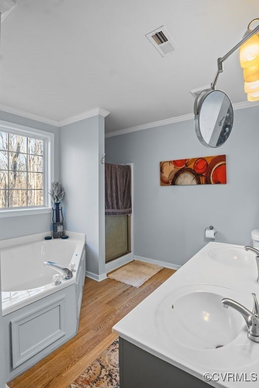 bathroom featuring crown molding, visible vents, a sink, and wood finished floors