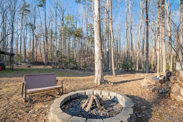 view of yard with a fire pit