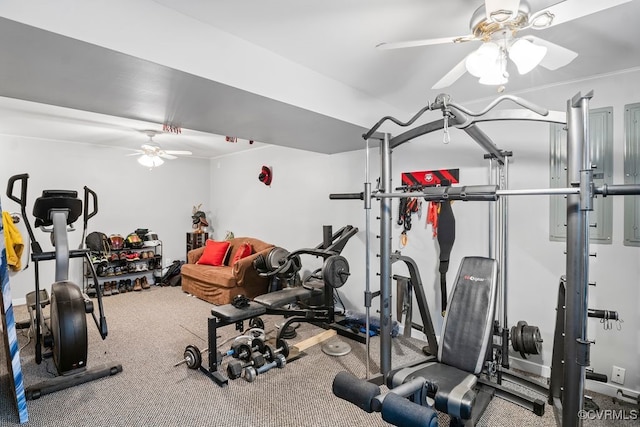 workout area featuring a ceiling fan