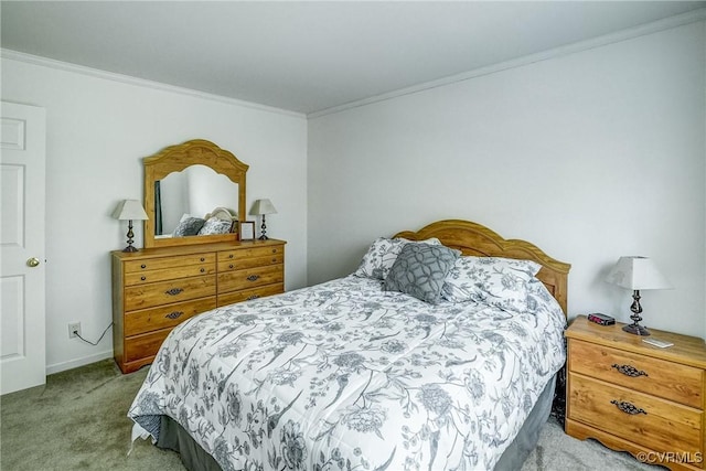 bedroom with light carpet and ornamental molding