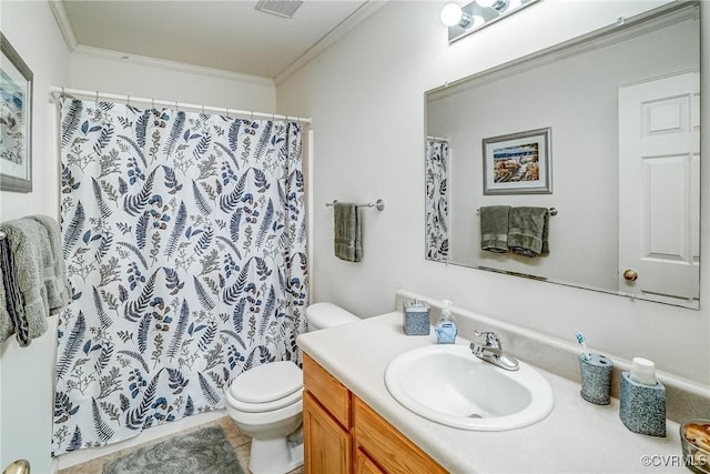 bathroom featuring ornamental molding, vanity, toilet, and curtained shower