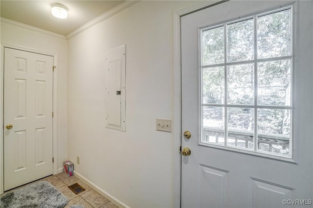 doorway featuring crown molding, light tile patterned floors, visible vents, electric panel, and baseboards