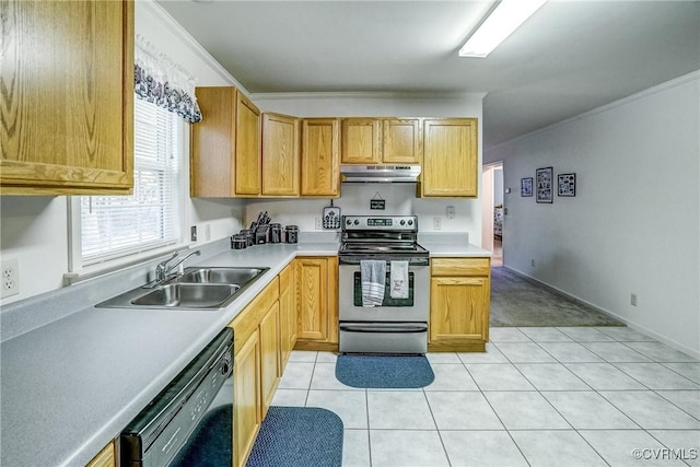 kitchen with under cabinet range hood, a sink, black dishwasher, light countertops, and stainless steel electric range