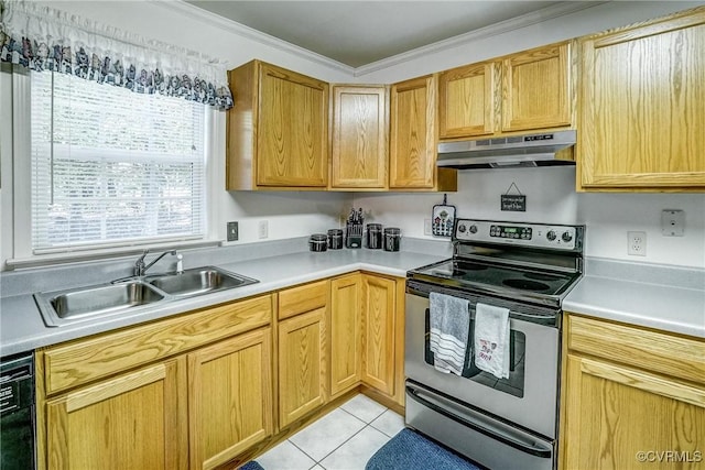 kitchen featuring under cabinet range hood, light countertops, crown molding, stainless steel range with electric stovetop, and a sink