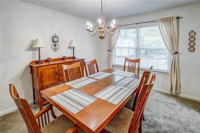 dining room featuring light carpet, a notable chandelier, baseboards, and crown molding