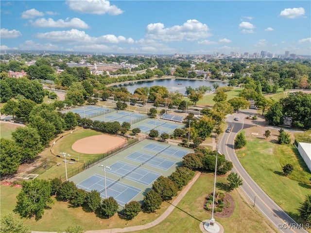 birds eye view of property featuring a water view