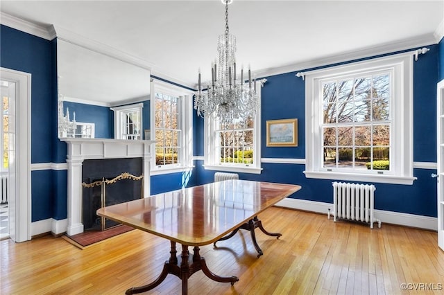 dining room with hardwood / wood-style floors, radiator heating unit, a wealth of natural light, and crown molding