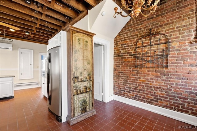 hall with a baseboard radiator, brick wall, baseboards, and a wall mounted AC