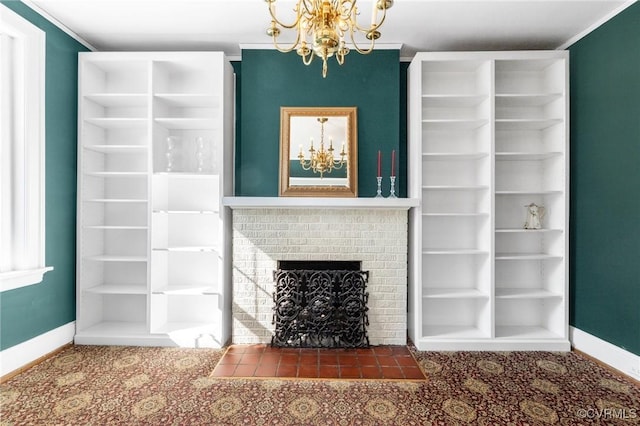 unfurnished living room featuring a chandelier, ornamental molding, a brick fireplace, and baseboards