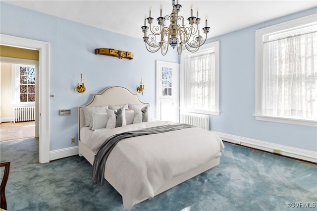 carpeted bedroom featuring baseboards, a notable chandelier, and radiator