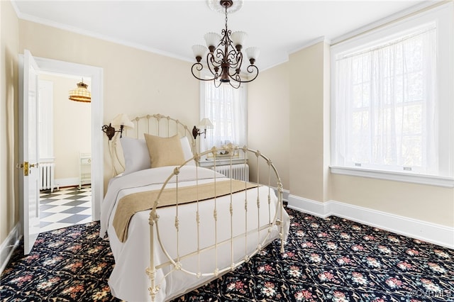 bedroom with radiator heating unit, baseboards, crown molding, and tile patterned floors