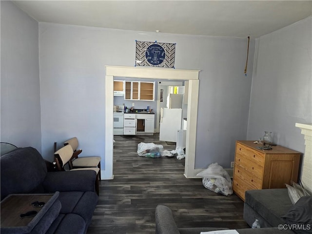 living room featuring dark wood-style flooring