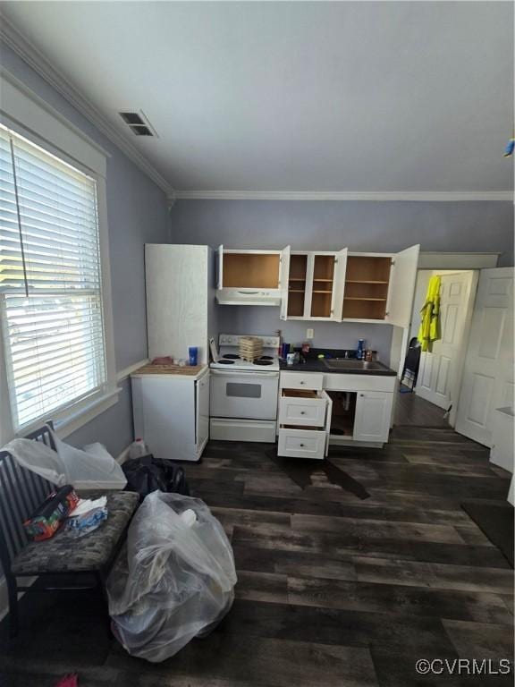 kitchen featuring white electric range oven, visible vents, under cabinet range hood, open shelves, and a sink