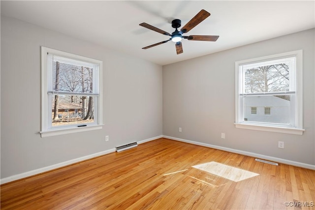 unfurnished room with light wood-style floors, baseboards, visible vents, and ceiling fan