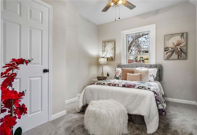 bedroom featuring carpet flooring, ceiling fan, and baseboards