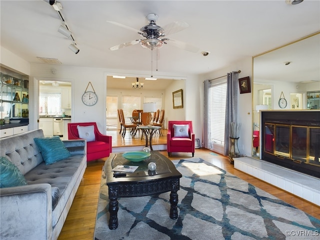 living area with a glass covered fireplace, wood finished floors, and rail lighting