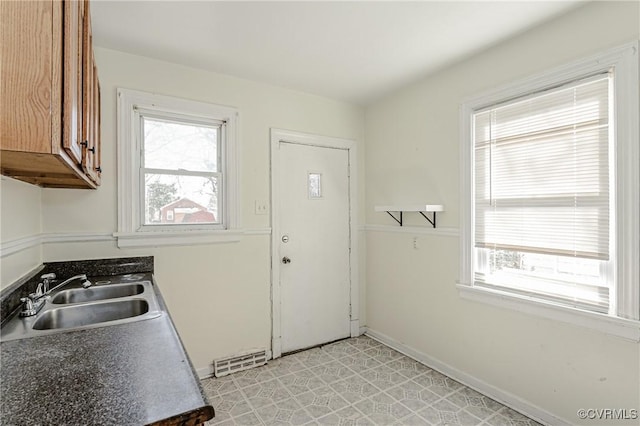 kitchen featuring a sink, visible vents, brown cabinets, dark countertops, and plenty of natural light