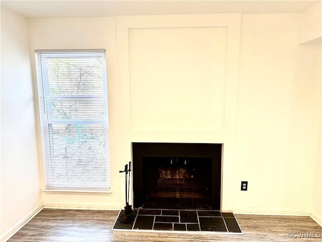 room details with a fireplace with flush hearth, baseboards, and wood finished floors