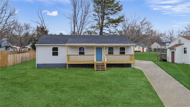 view of front of house with crawl space, fence, a front lawn, and a deck