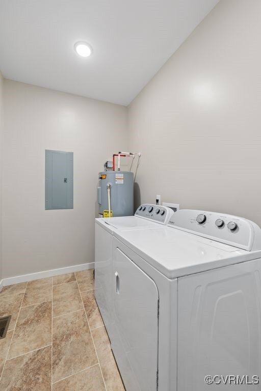 laundry room with electric water heater, laundry area, baseboards, electric panel, and washer and clothes dryer