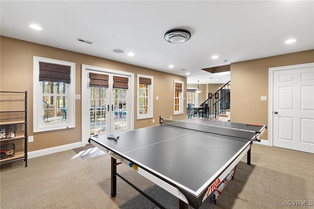 recreation room featuring visible vents, recessed lighting, french doors, and carpet floors