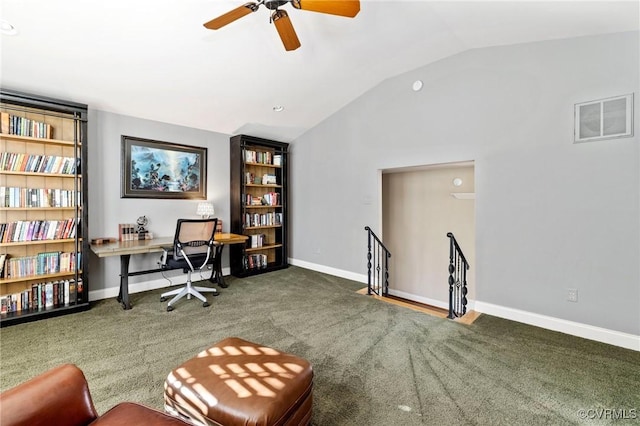 living area featuring carpet, visible vents, baseboards, vaulted ceiling, and an upstairs landing