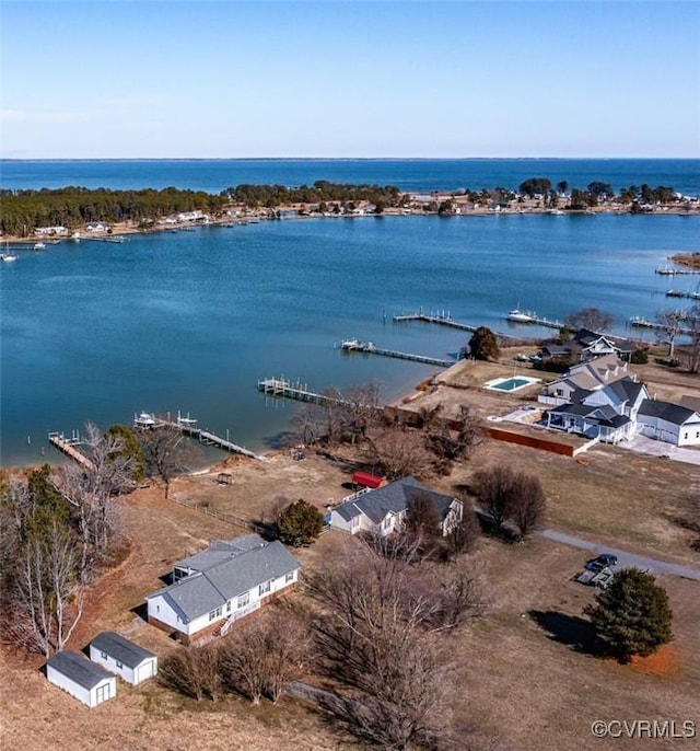 drone / aerial view featuring a water view