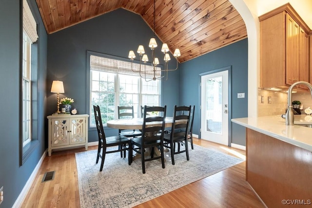 dining space featuring arched walkways, lofted ceiling, visible vents, light wood-style flooring, and wood ceiling