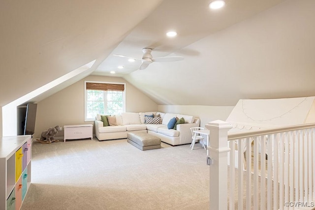 bonus room featuring lofted ceiling, light carpet, ceiling fan, and recessed lighting