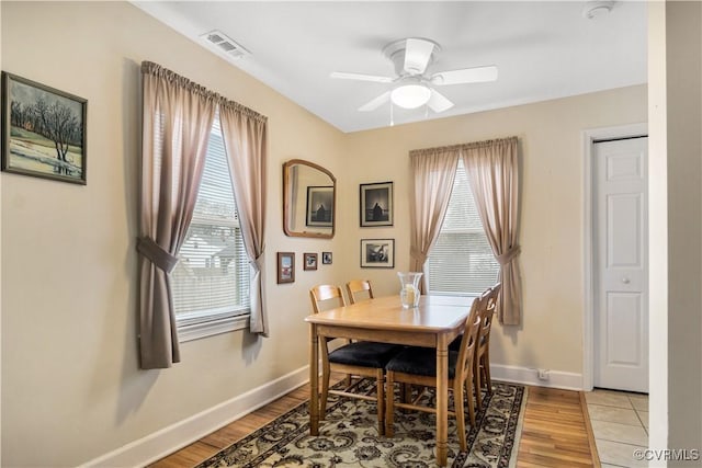 dining area featuring baseboards, ceiling fan, visible vents, and light wood-style floors