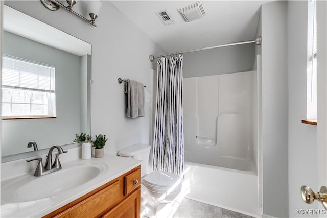 bathroom with shower / tub combo, visible vents, vanity, and toilet