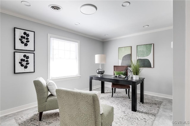 office space with ornamental molding, visible vents, and baseboards